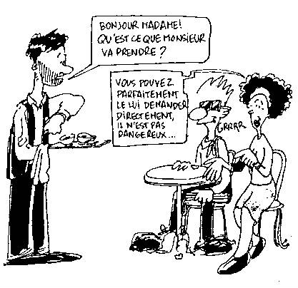 - Bonjour Madame ! Qu'est-ce que Monsieur va prendre ? - Vous pouvez parfaitement le lui demander directement, il n'est pas dangereux !